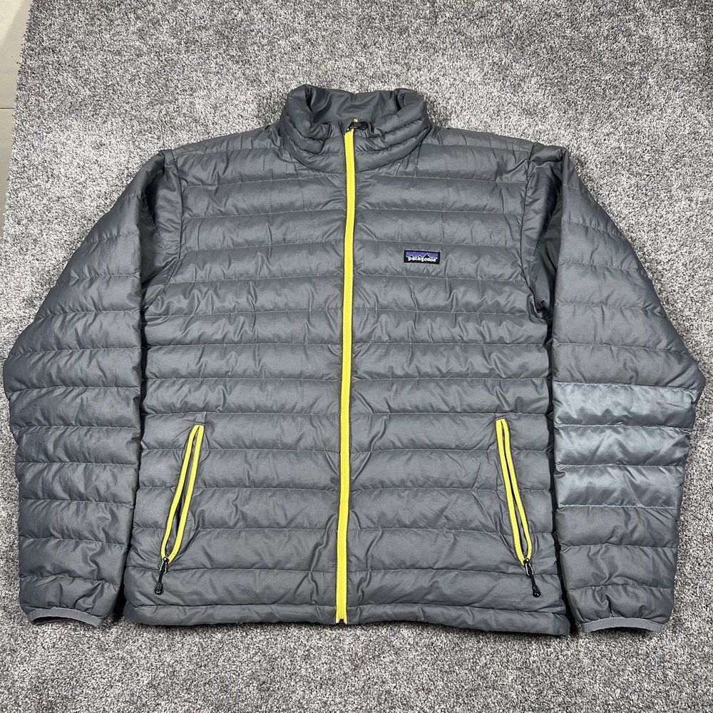 Patagonia Jacket Men's Medium Down Puffer Grey Full Zip Yellow Zip Gorpcore